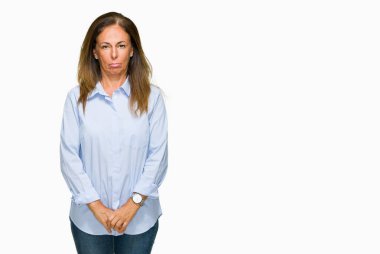 Güzel orta yaş iş yetişkin kadın izole arka plan yüzünden depresyona ve kızgın ve korkmuş ağlıyor sıkıntı için endişeleniyorum. Üzgün ifade.