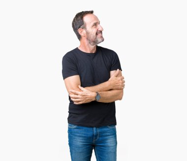 İkna ve kendinden emin yakışıklı orta yaş ağarmış komuta sizde tarafına silahlarla seyir gülümseyen izole arka plan üzerinde çarpı işareti