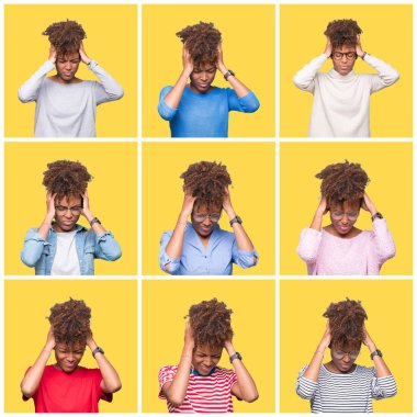 Kolaj genç güzel Afrikalı kızın çünkü umutsuz ve stresli baş ağrısı acı sarı izole arka plan üzerinde ağrı ve Migren. Ellerini kafasına.