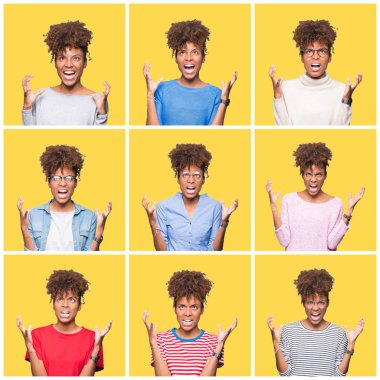 Kolaj genç güzel Afrikalı kız üzerinde sarı bir arka plan deli izole ve deli bağırarak ve agresif ifade ve silah kaldırdı bağırıyor. Hayal kırıklığı kavramı.