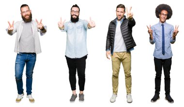 Kolaj bir grup genç adam beyaz üzerinde soğuk veya bronşit için arka plan duygu hasta ve semptom olarak öksürük izole. Sağlık kavramı.