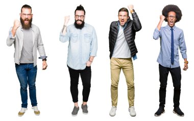 Kolaj bir grup genç adam beyaz üzerinde soğuk veya bronşit için arka plan duygu hasta ve semptom olarak öksürük izole. Sağlık kavramı.