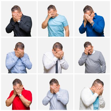 Orta yaş Arap adam üzgün ifade yüz eller ile ağlayarak süre kapsayan ile izole arka plan üzerinde bileşimi. Depresyon kavramı.