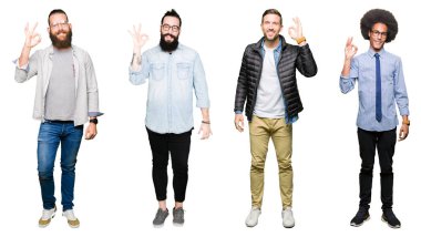 Kolaj bir grup genç adam beyaz üzerinde soğuk veya bronşit için arka plan duygu hasta ve semptom olarak öksürük izole. Sağlık kavramı.