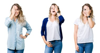 Genç güzel sarışın kız yüz ve sürpriz duygu kendinden emin gülümseme ile el ile bir göz kapsayan izole arka plan üzerine kolaj.