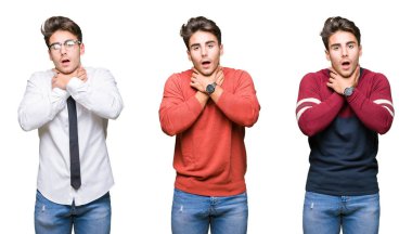 Genç yakışıklı iş kolaj dostum yalıtılmış arka plan bağırarak üzerinde ve çünkü boğmak acı kendi ellerimle öldürürüm. Sağlık sorunu. Yaralarından ve intihar kavramı.