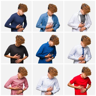 Kolaj üzerinde farklı görünüyor giyen genç adam bir izole mide üzerinde el ile beyaz arka plan çünkü mide bulantısı, ağrılı hastalık hasta hissediyor. Ağrısı kavramı.