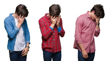 Kolaj genç adam beyaz bir arka plan üzgün ifade yüz eller ile ağlayarak süre kapsayan ile izole. Depresyon kavramı.