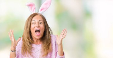 Paskalya tavşan kulakları üzerinde giyen orta yaş esmer kadın deli kutluyor arka plan izole ve silah ile başarı için yükseltilmiş ve açık gözleri heyecanlı çığlık hayrete düşürdü. Kazanan kavramı