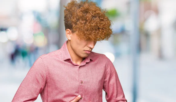 Homem Negócios Bonito Novo Com Cabelo Afro Com Mão Estômago — Fotografia de Stock