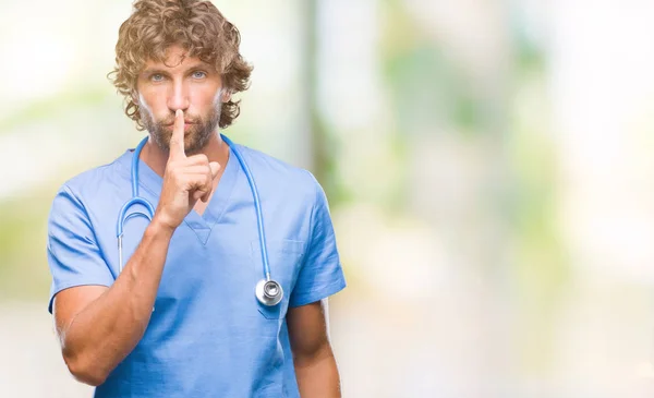 Handsome Hispanic Surgeon Doctor Man Isolated Background Asking Quiet Finger — Stock Photo, Image