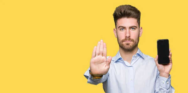 Young Handsome Man Business Showing Smartphone Screen Open Hand Doing — Stock Photo, Image