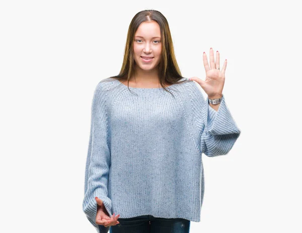 Junge Schöne Kaukasische Frau Trägt Winterpullover Über Isoliertem Hintergrund Zeigt — Stockfoto