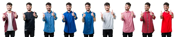 Коллаж Молодого Человека Изолированном Фоне Одобряющий Позитивный Жест Рукой Большой — стоковое фото