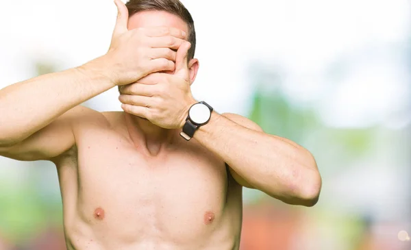 Handsome Shirtless Man Showing Nude Chest Covering Eyes Mouth Hands — Stock Photo, Image