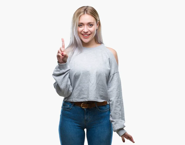 Młoda Blond Kobieta Białym Tle Wskazując Palcem Udany Pomysł Wyszedł — Zdjęcie stockowe