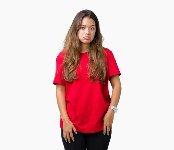 Junge Schöne Brünette Frau Trägt Rotes Shirt Über Isoliertem Hintergrund — Stockfoto