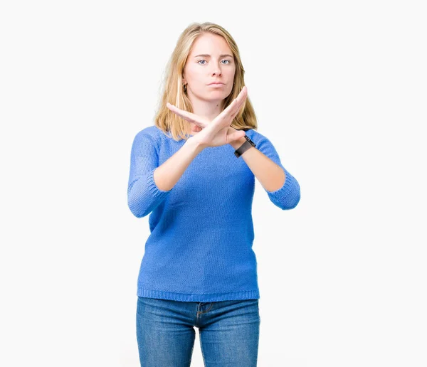 Mulher Bonita Vestindo Camisola Azul Sobre Fundo Isolado Expressão Rejeição — Fotografia de Stock