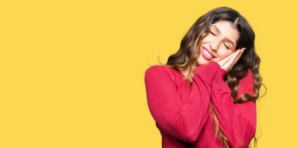 Young Beautiful Woman Wearing Red Sweater Sleeping Tired Dreaming Posing — Stock Photo, Image