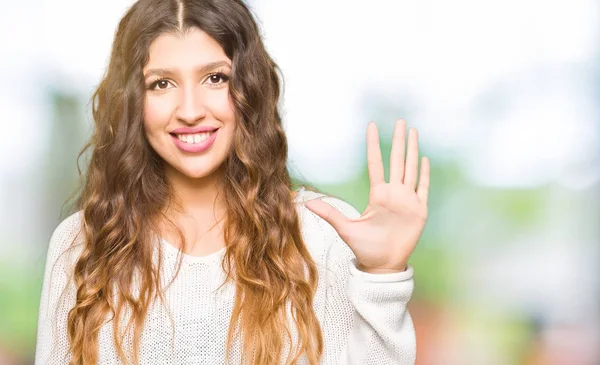 Joven Hermosa Mujer Vistiendo Suéter Blanco Mostrando Señalando Hacia Arriba — Foto de Stock