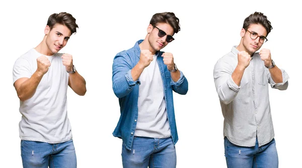 Kolaż Młody Przystojny Mężczyzna Noszenie Okularów Przeciwsłonecznych Białym Tle Gotowy — Zdjęcie stockowe