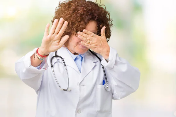 Middle Ager Senior Doctor Woman Isolated Background Covering Eyes Hands — Stock Photo, Image