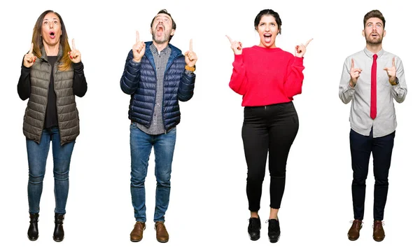 Collage Personas Sobre Fondo Blanco Aislado Asombrado Sorprendido Mirando Hacia —  Fotos de Stock