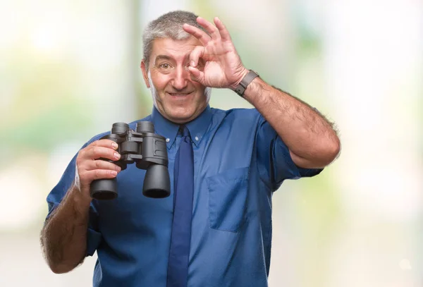 Handsome Senior Man Looking Binoculars Isolated Background Happy Face Smiling — Stock Photo, Image