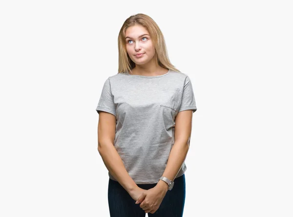 Joven Mujer Caucásica Sobre Fondo Aislado Sonriendo Mirando Lado Mirando —  Fotos de Stock