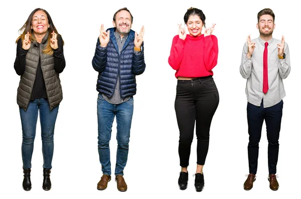 Collage People White Isolated Background Smiling Crossing Fingers Hope Eyes — Stock Photo, Image