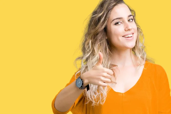 Beautiful Young Blonde Woman Isolated Background Doing Happy Thumbs Gesture — Stock Photo, Image