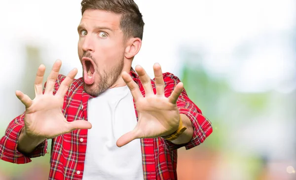 Handsome Man Wearing Casual Shirt Afraid Terrified Fear Expression Stop — Stock Photo, Image