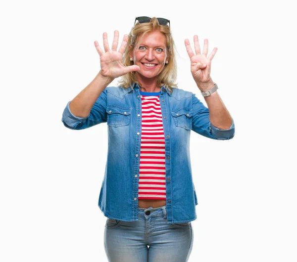 Middle Age Blonde Woman Isolated Background Showing Pointing Fingers Number — Stock Photo, Image