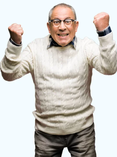 英俊的老人戴着眼镜和冬天的毛衣非常高兴和兴奋做优胜者的手势举起双臂 微笑着尖叫着要成功 庆祝理念 — 图库照片