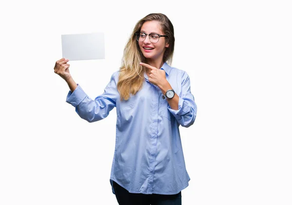 Young Beautiful Blonde Business Woman Holding Blank Card Isolated Background — Stock Photo, Image
