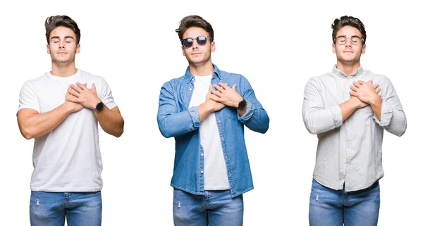 Colagem Homem Bonito Jovem Sobre Fundo Isolado Sorrindo Com Mãos — Fotografia de Stock