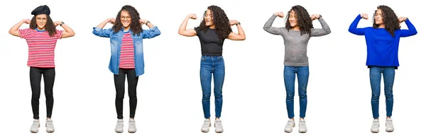 Collage Hermosa Mujer Joven Con Pelo Rizado Sobre Fondo Blanco — Foto de Stock