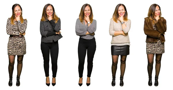 Collage Einer Eleganten Frau Mittleren Alters Auf Isoliertem Weißem Hintergrund — Stockfoto