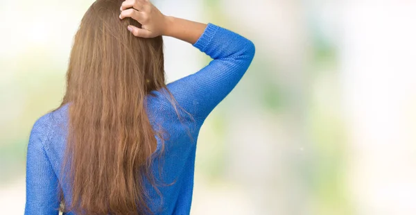 Young Beautiful Brunette Woman Wearing Blue Sweater Isolated Background Backwards — Stock Photo, Image