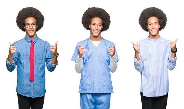 Collage Hombre Joven Con Pelo Afro Sobre Blanco Signo Éxito —  Fotos de Stock