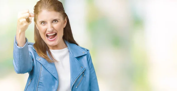 Schöne Reife Frau Mittleren Alters Modischer Lederjacke Über Isoliertem Hintergrund — Stockfoto