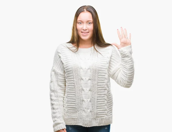 Joven Hermosa Mujer Caucásica Con Suéter Invierno Sobre Fondo Aislado — Foto de Stock