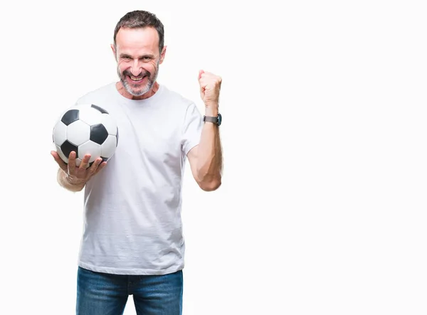 Meia Idade Hoary Sênior Homem Segurando Bola Futebol Sobre Fundo — Fotografia de Stock