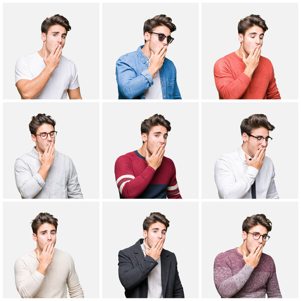 Collage of young handsome business man over isolated background bored yawning tired covering mouth with hand. Restless and sleepiness.