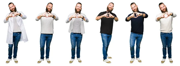 Collage of young man with bun over white isolated background smiling in love showing heart symbol and shape with hands. Romantic concept.
