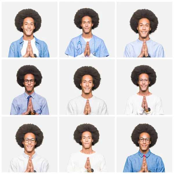 Collage Giovane Uomo Con Capelli Afro Sfondo Bianco Isolato Pregando — Foto Stock