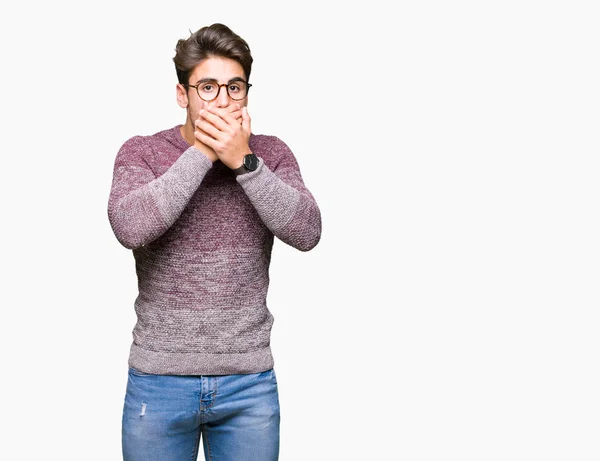 Young Handsome Man Wearing Glasses Isolated Background Shocked Covering Mouth — Stock Photo, Image