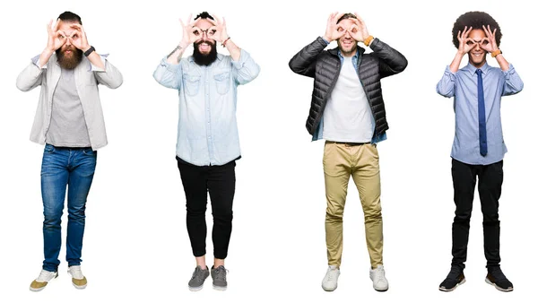 Collage Grupo Jóvenes Sobre Fondo Blanco Aislado Cubriendo Ojo Con — Foto de Stock