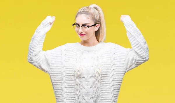 Young Beautiful Blonde Woman Wearing Glasses Isolated Background Showing Arms — Stock Photo, Image