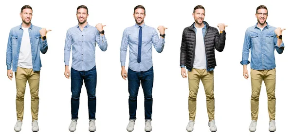 Collage Van Aantrekkelijke Jonge Man Witte Geïsoleerde Achtergrond Glimlachend Met — Stockfoto